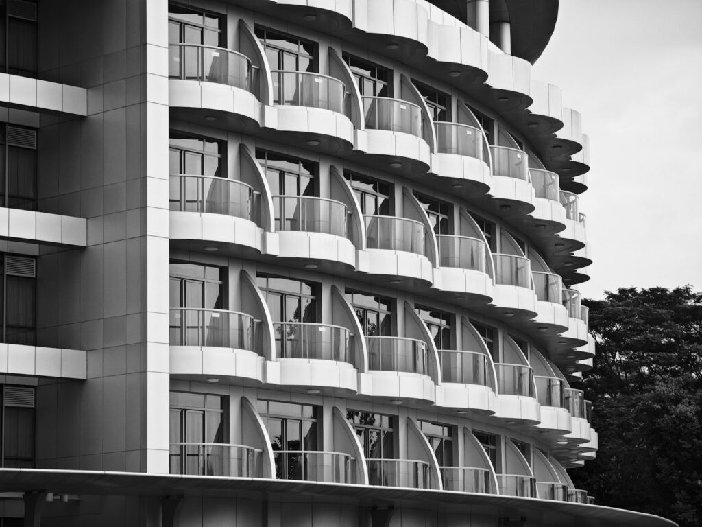 a tall building with balconies and balconies on it