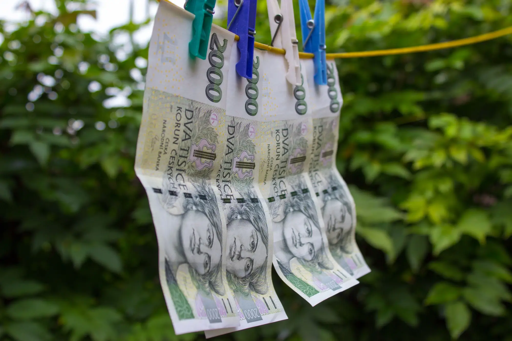 České bankovky pověšené na šňůře na prádlo