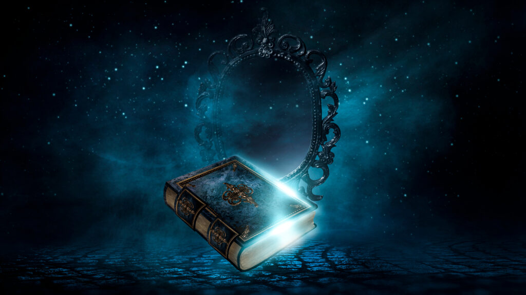 Magická kniha na modrém pozadí