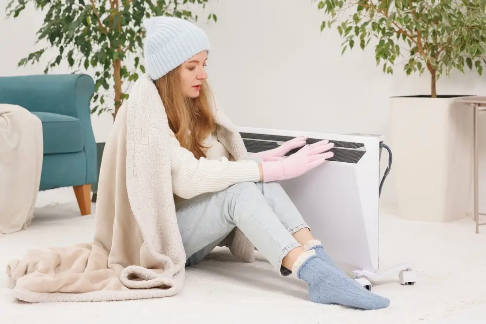 Žena sedí zabalené v dece u ohřívače. 