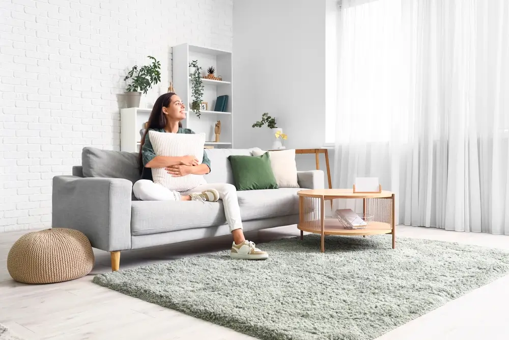 Žena se usm&iacute;v&aacute;, sed&iacute; na gauči a obj&iacute;m&aacute; pol&scaron;t&aacute;ř. 