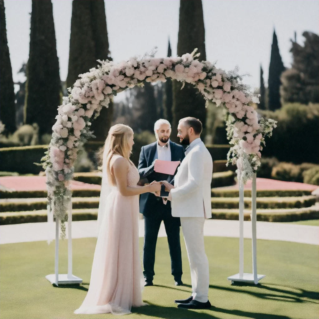 Svatební pár stojící před oddávajícím.