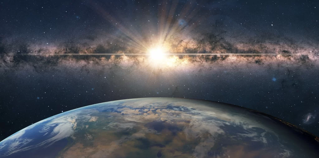 Planeta Země spolu se z&aacute;řen&iacute;m.