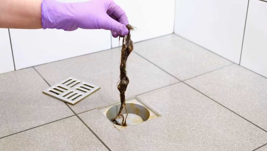 Ruka ženy vytahuj&iacute;c&iacute; vlasy z odpadu.