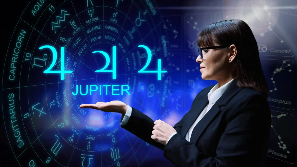 Žena ukazuj&iacute;c&iacute; na datum a planetu Jupiter.