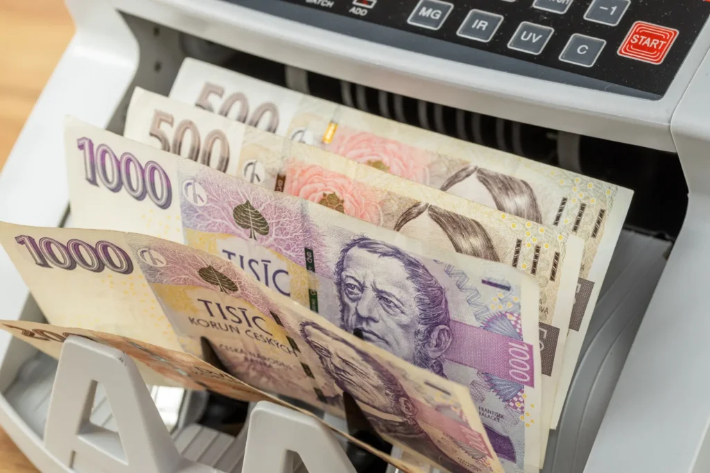 Detailn&iacute; pohled na česk&eacute; bankovky v poč&iacute;tačce peněz.