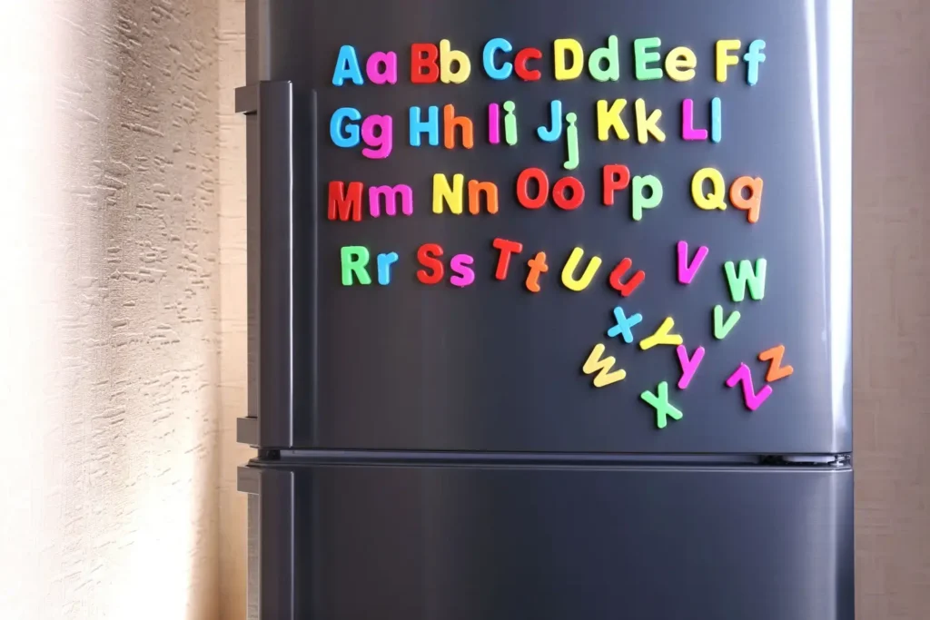 Dětsk&eacute; magnetick&eacute; p&iacute;smenkov&eacute; magnetky připevněn&eacute; na kovov&yacute;ch dv&iacute;řk&aacute;ch lednice