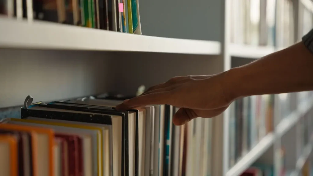 Detail ruky vybírající knihu z knihovny plné svazků