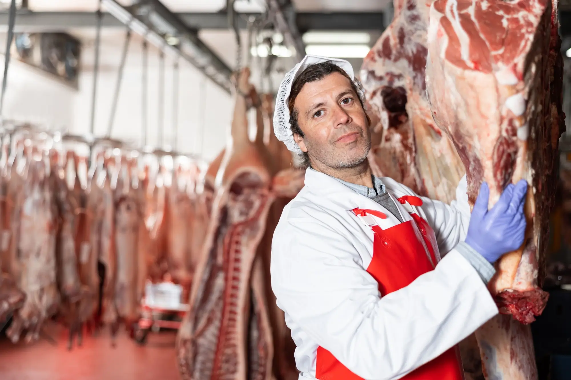 Řezník při kontrole masa.