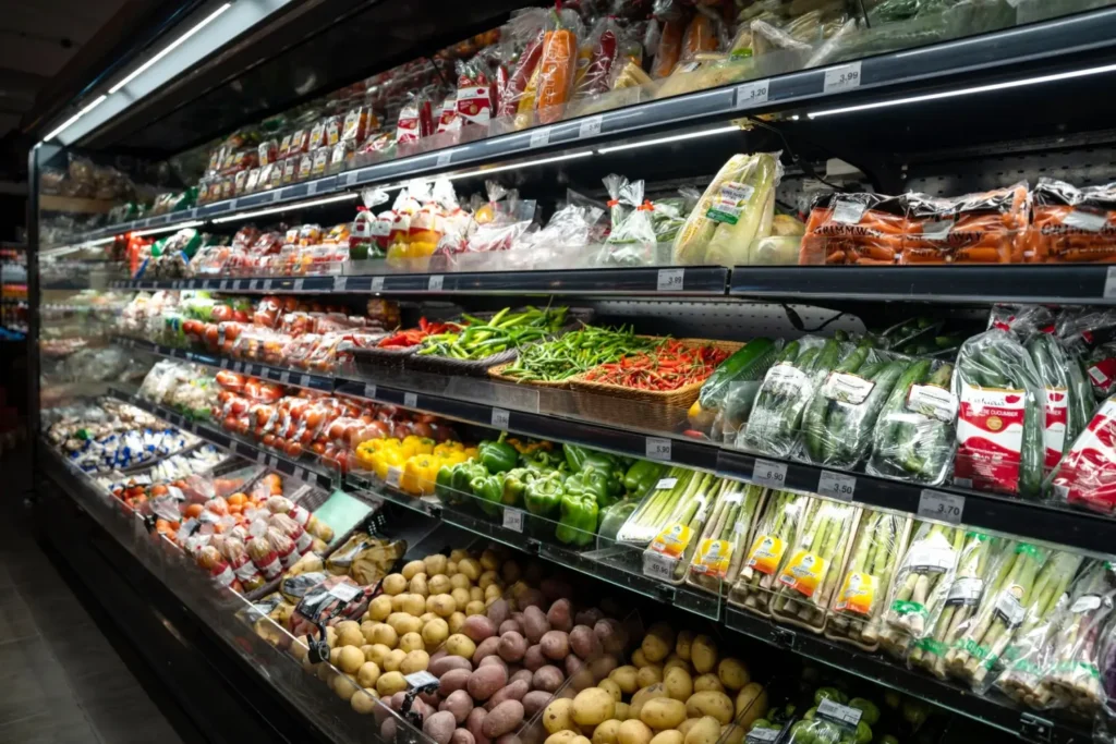 Pohled na barevně uspořádané regály s čerstvou zeleninou a ovocem v supermarketu