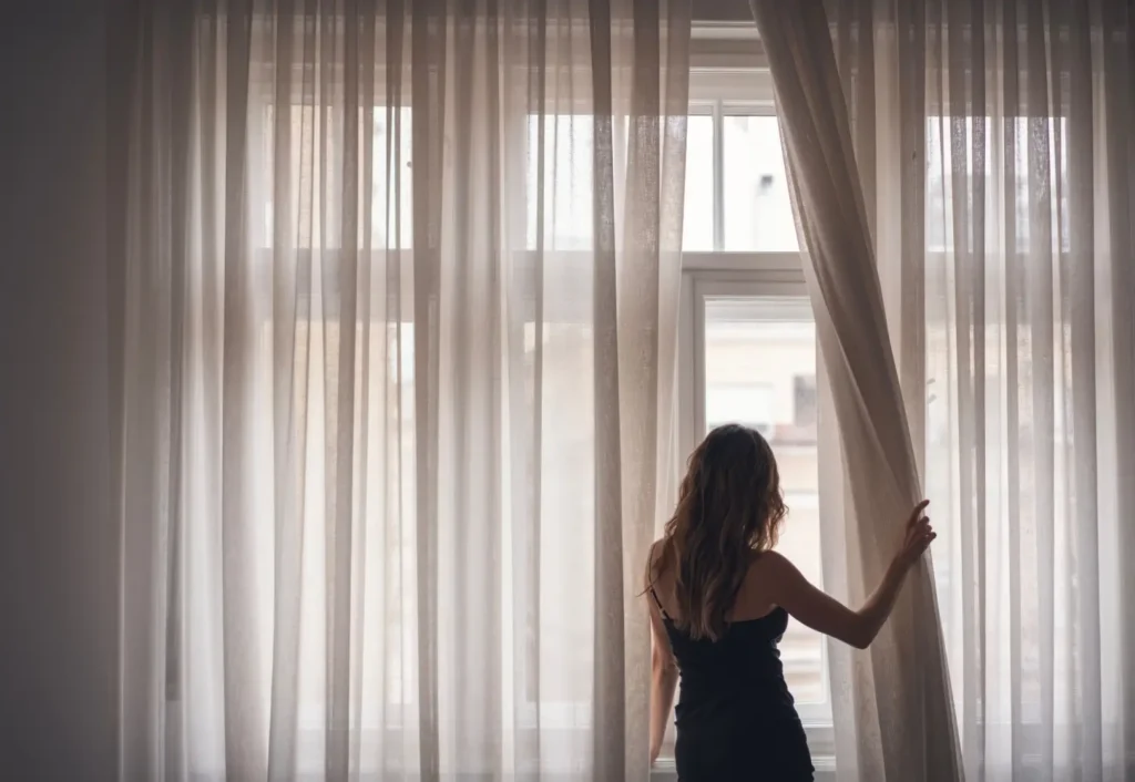 Žena ve tmavých šatech odhrnuje dlouhou průhlednou záclonu