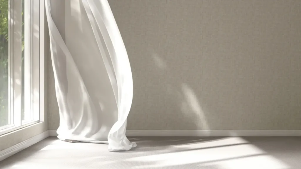 Lehká bílá záclona se vlní ve větru u velkého okna