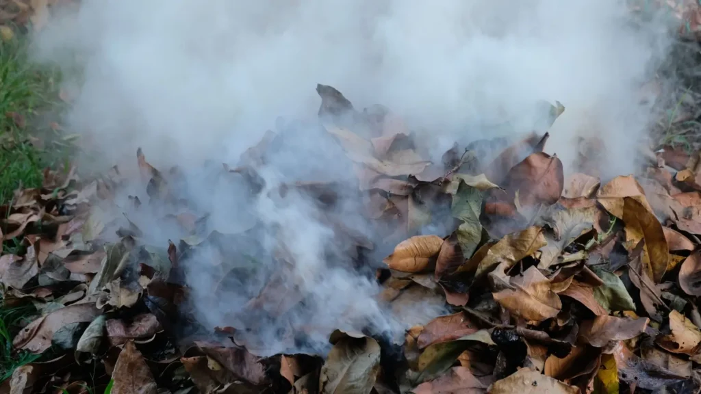 Hromada suchého listí vypouští hustý kouř, který stoupá nad trávník