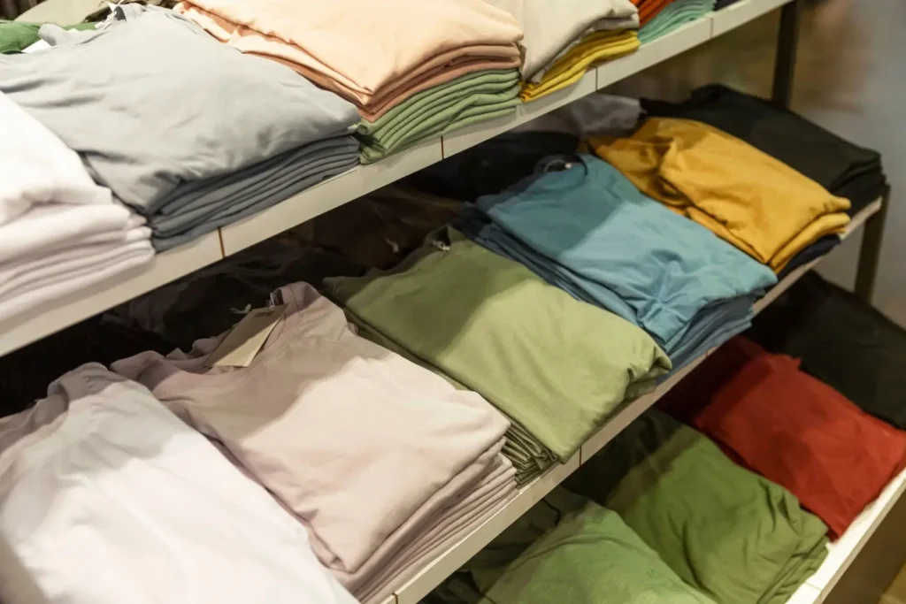 Trička různ&yacute;ch barev pečlivě složen&aacute; na polic&iacute;ch v obchodě.