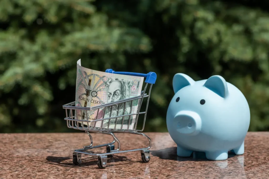 Mal&yacute; n&aacute;kupn&iacute; voz&iacute;k s bankovkou vedle modr&eacute;ho pras&aacute;tka