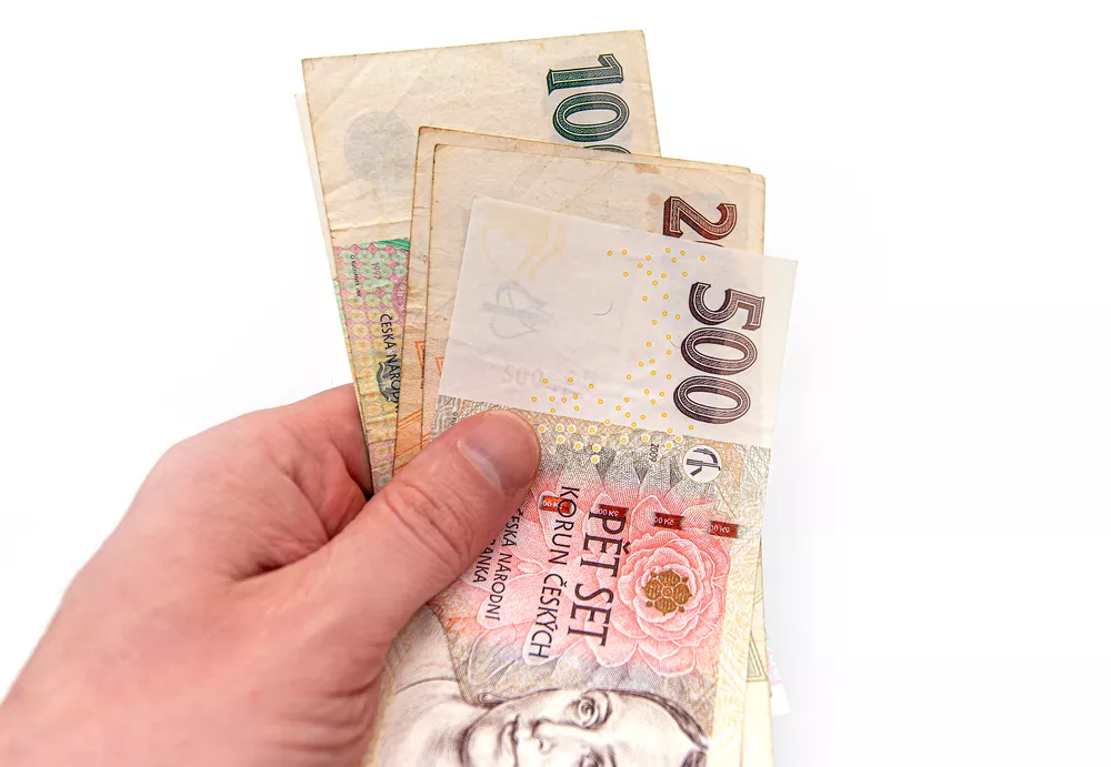 České bankovky v ruce