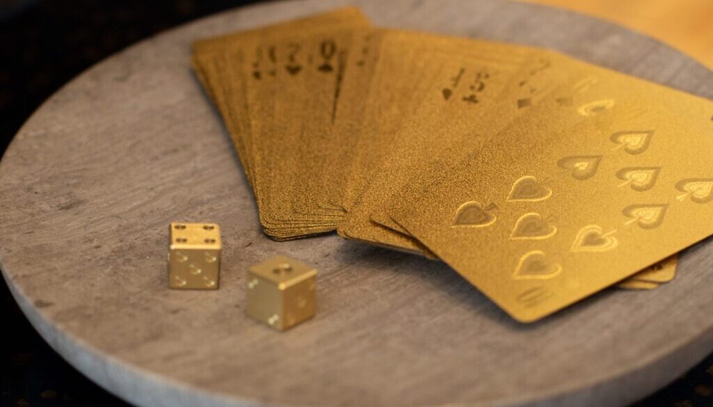 gold cards and two dices on round wooden platform