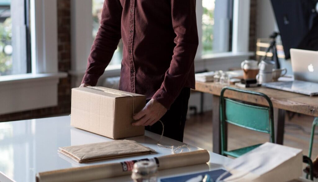 person holding cardboard box on table
