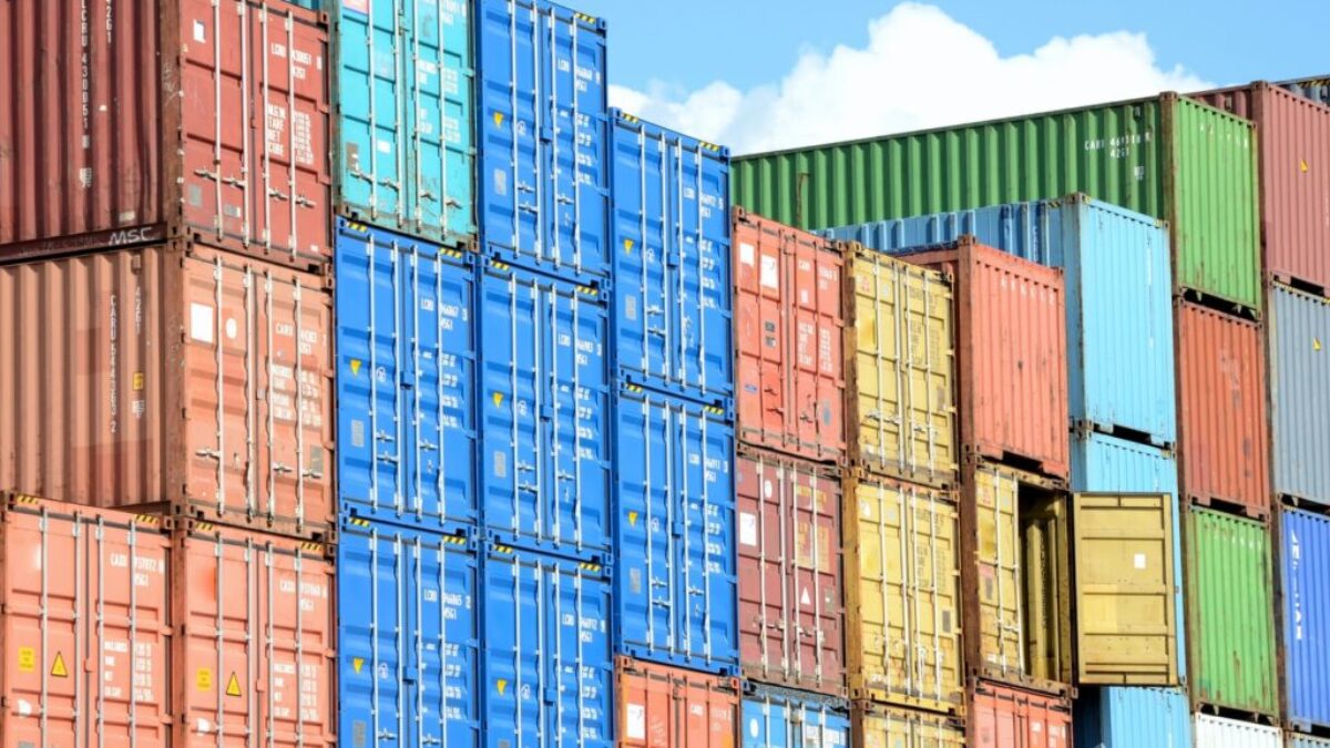 blue red and yellow intermodal containers