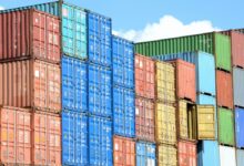 blue red and yellow intermodal containers