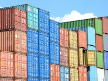 blue red and yellow intermodal containers