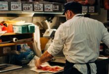 man in white dress shirt standing in front of raw meat