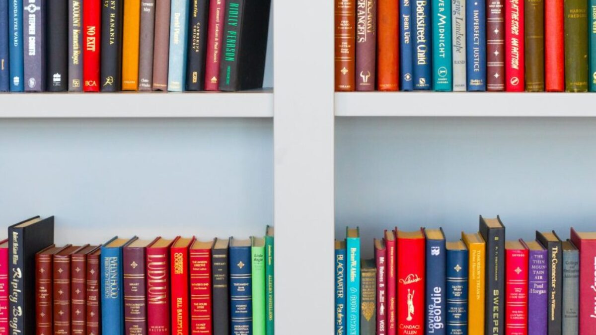 assorted-title book lot placed on white wooden shelf
