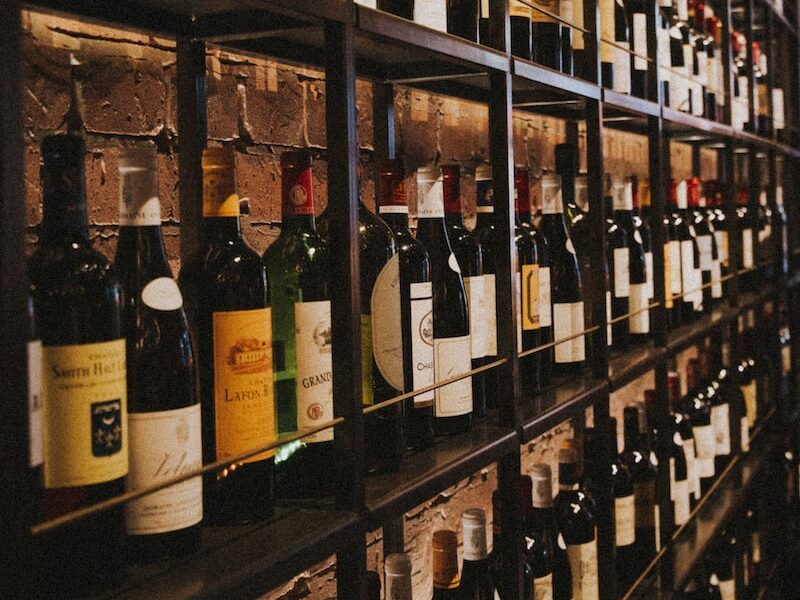 wine bottles on rack