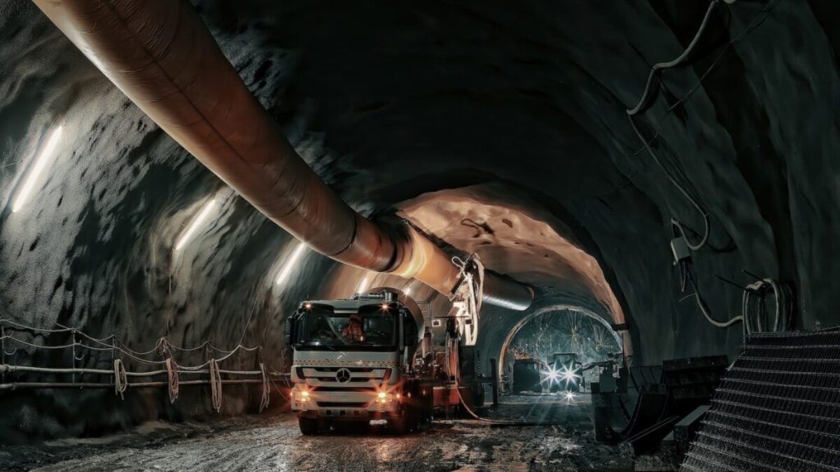red and black truck in tunnel