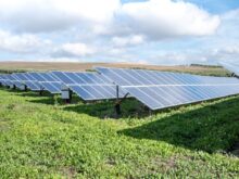 blue solar panels on green grass field under white clouds and blue sky during daytime