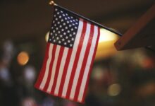 selective focus photography of USA flaglet