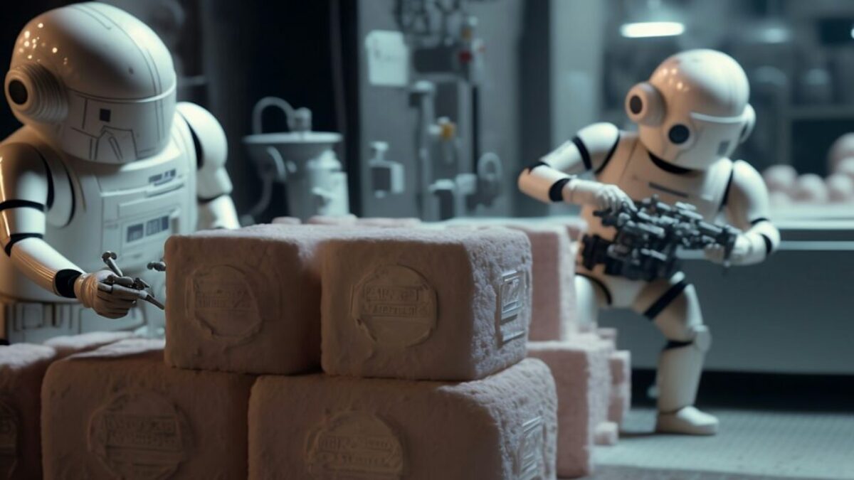 a robot holding a gun next to a pile of rolls of toilet paper