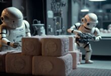 a robot holding a gun next to a pile of rolls of toilet paper