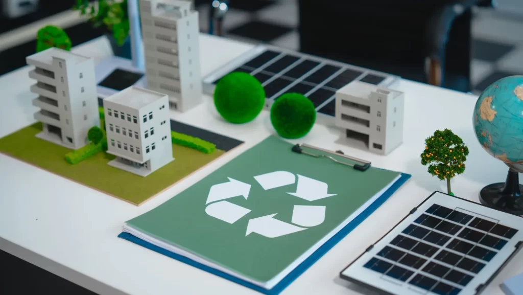 Shutterstock_2435967833 - ByznysDeník Modely moderních budov se solárními panely a ikonou recyklace, symbolizující udržitelný rozvoj.