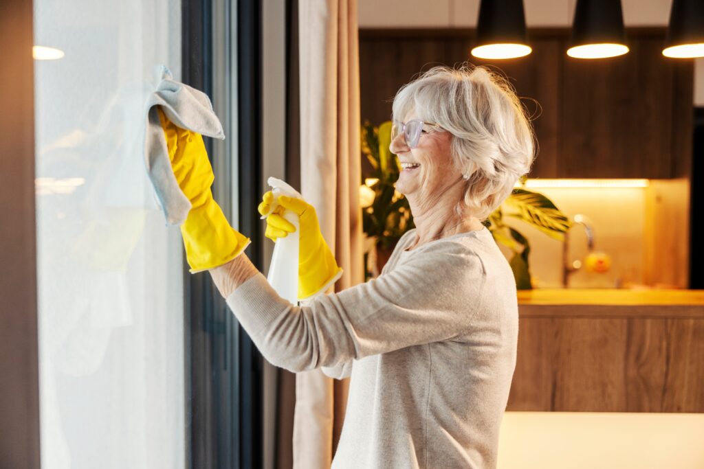 Naše prababičky uklízely pravidelně po malých částech, tím dosáhly neustále čisté domácnosti, Zdroj: Shutterstock.com - ByznysDeník Seniorka stojí u okna a leští sklo