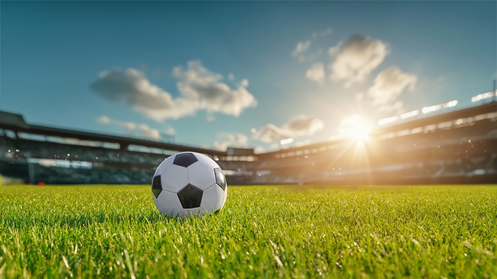 TexturedSoccerGameFieldWithSoccerBallBySunLight - ByznysDeník fotbalový míč