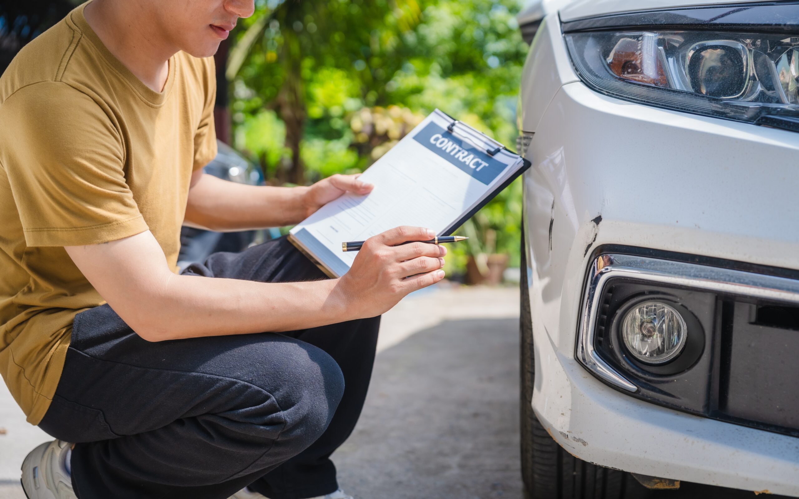 Muž sedí vedle auta a zapisuje dokument - záznam o autonehodě