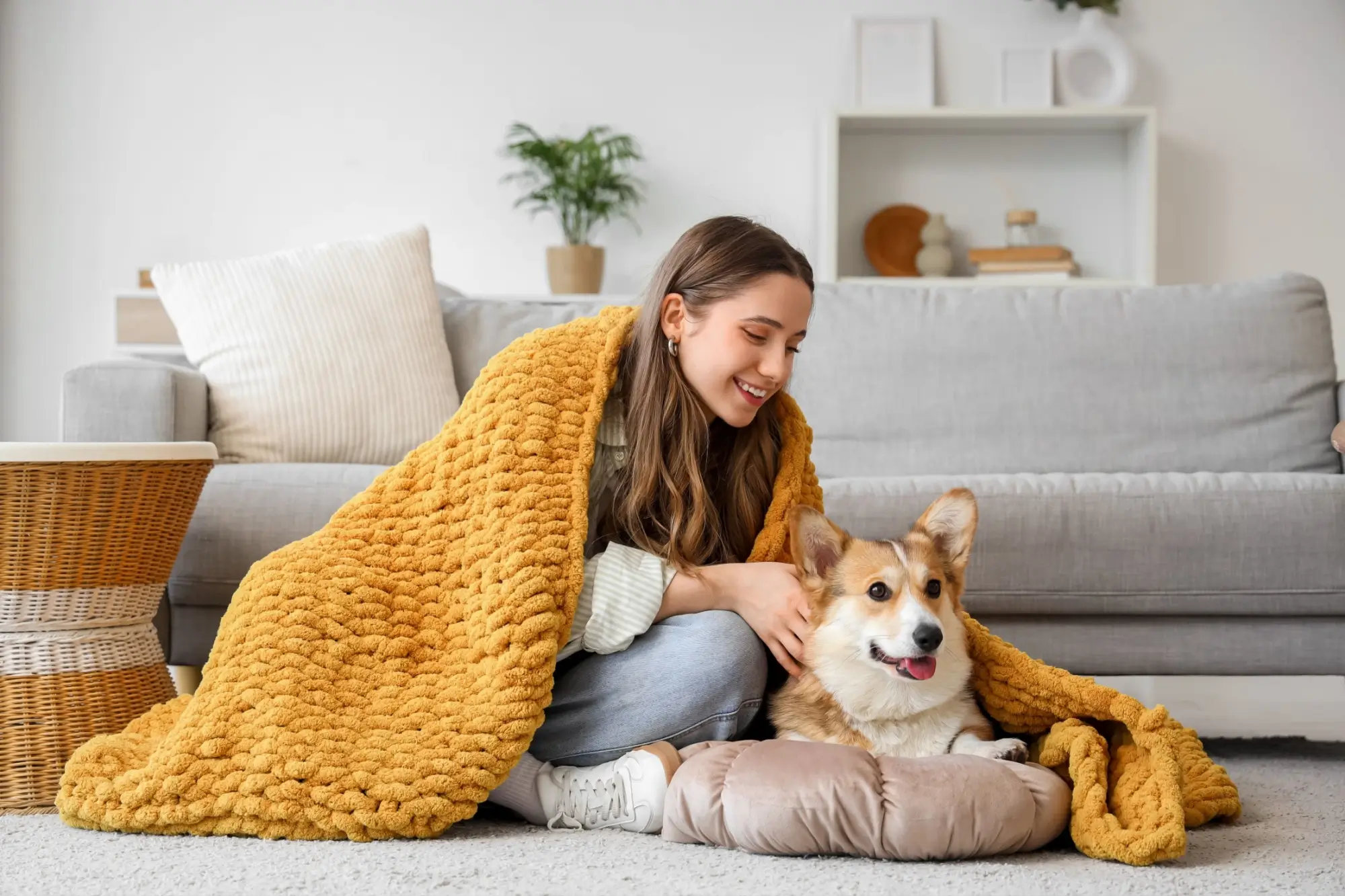 Žena leží v obývacím pokoji pod dekou s labradorem