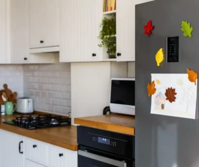 Kuchyňská linka s lednicí ozdobenou magnety ve tvaru listů a dětským obrázkem
