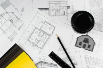 Detail stavebních výkresů a plánů s tužkou, pravítkem a kelímkem kávy