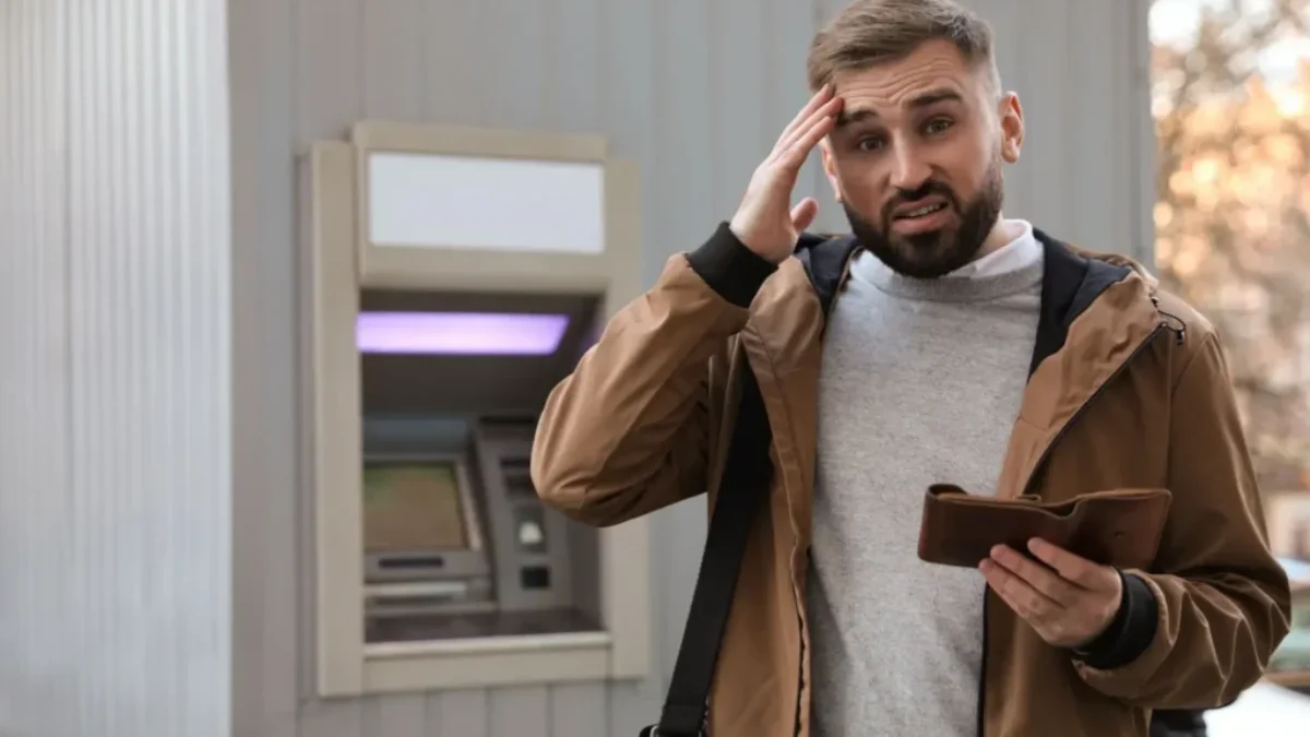 Muž u bankomatu s prázdnou peněženkou