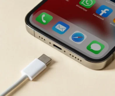 Detail nabíjecího konektoru chytrého telefonu s ikonami aplikací na displeji