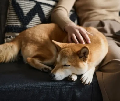 Shiba inu odpočívající na pohovce vedle svého majitele
