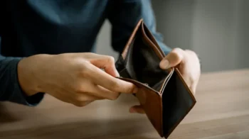 Muž drží otevřenou prázdnou peněženku