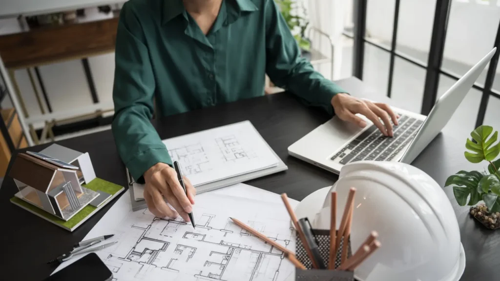 Architekt pracuje nad stavebními plány u stolu s modelem domu a notebookem