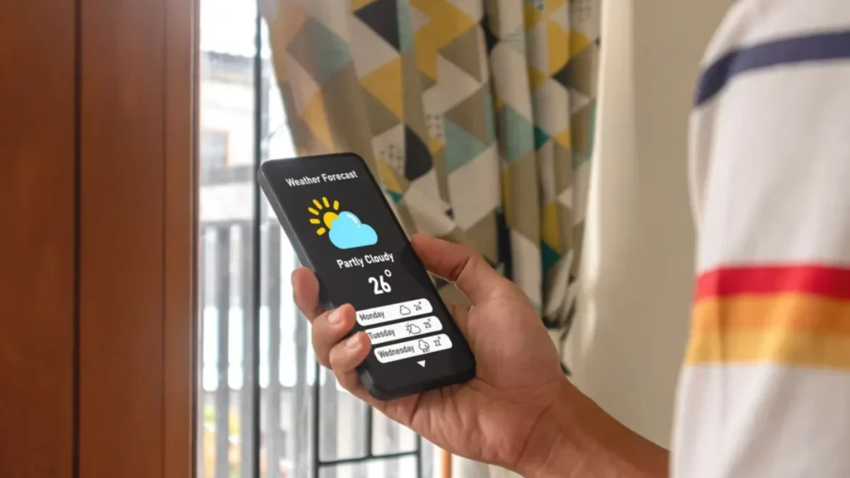 Ruka drží telefon se zobrazenou předpovědí počasí a ikonou slunce