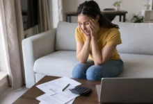 Žena sedí u stolu nad smlouvami a kalkulačkou