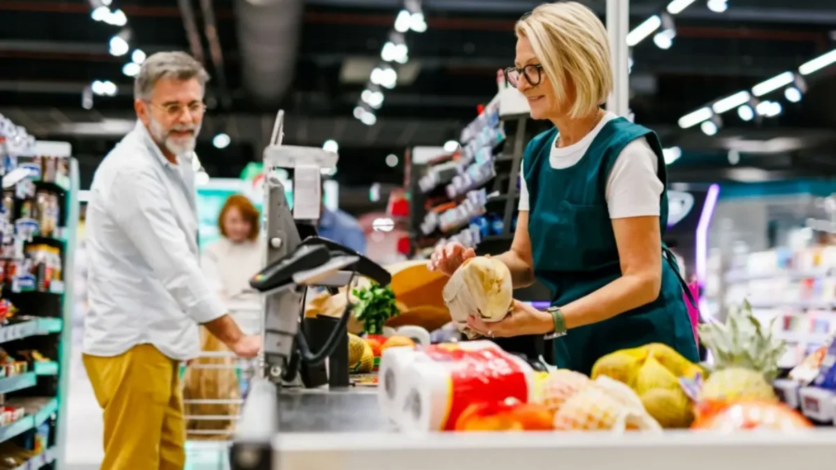 Pokladní v zelené uniformě obsluhuje zákazníka u kasy