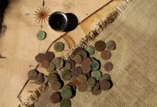 Evropské mince ze 17. století na stole s mapou a kompasem