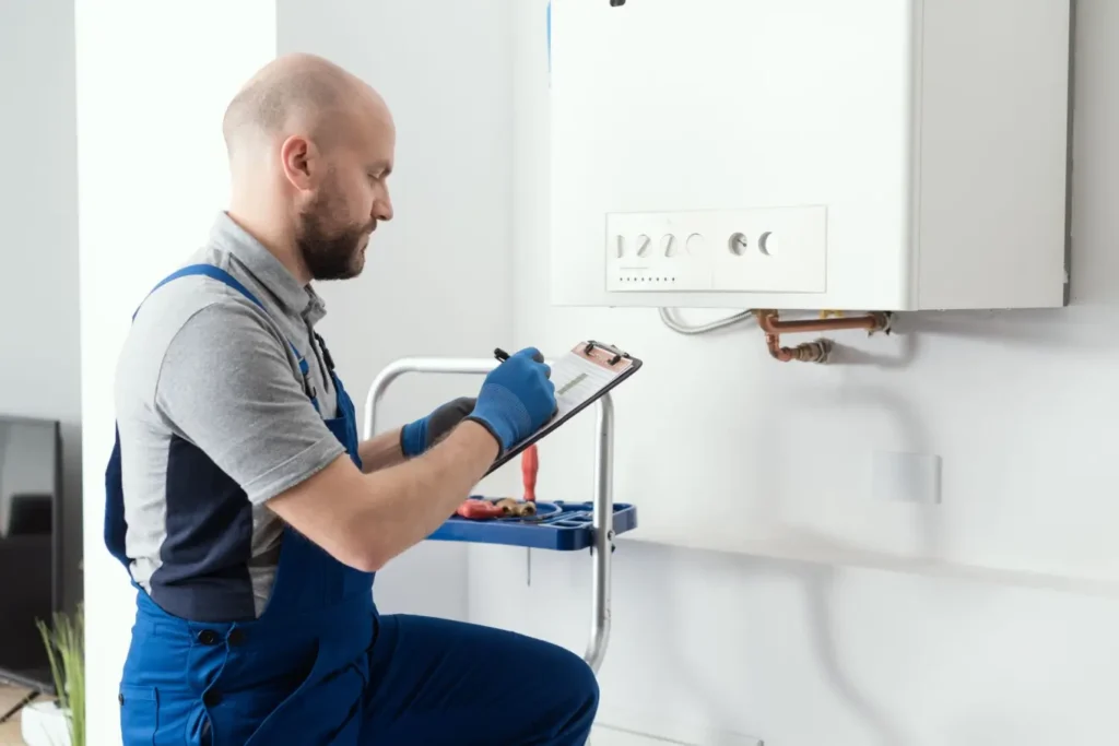 Servisní technik provádí kontrolu plynového kotle v rodinném domě